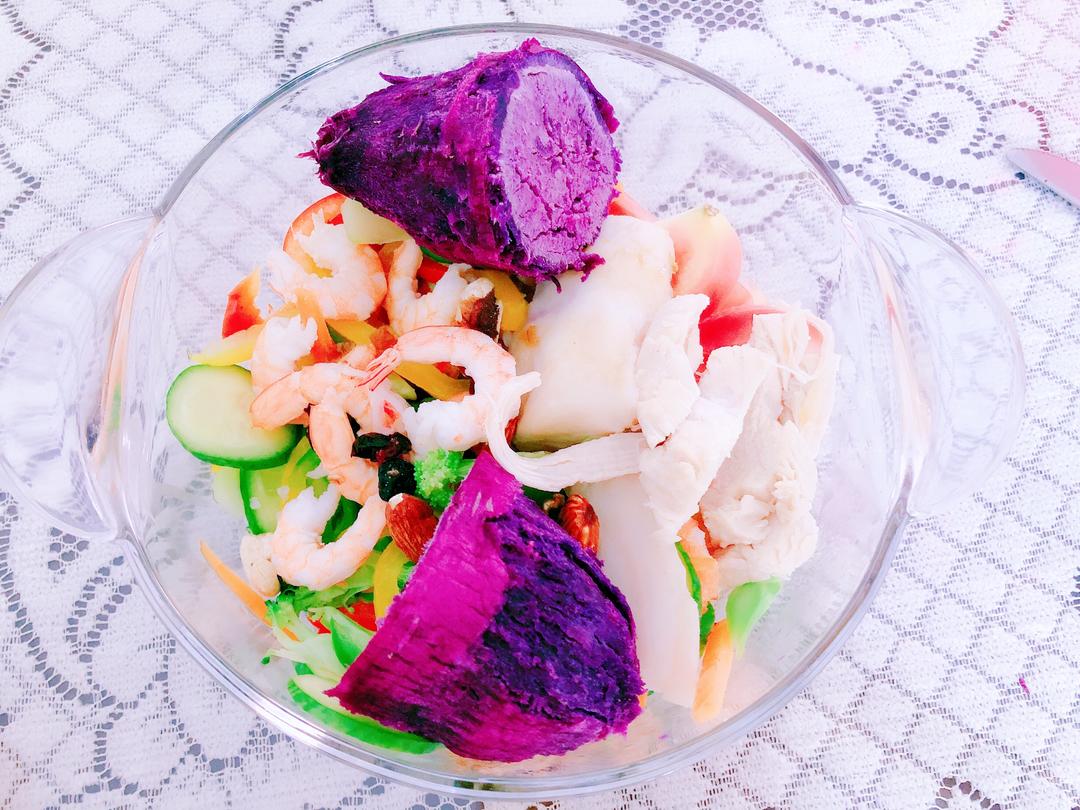 轻食Sun款-坚果仁彩椒紫薯海鲜减脂餐的做法