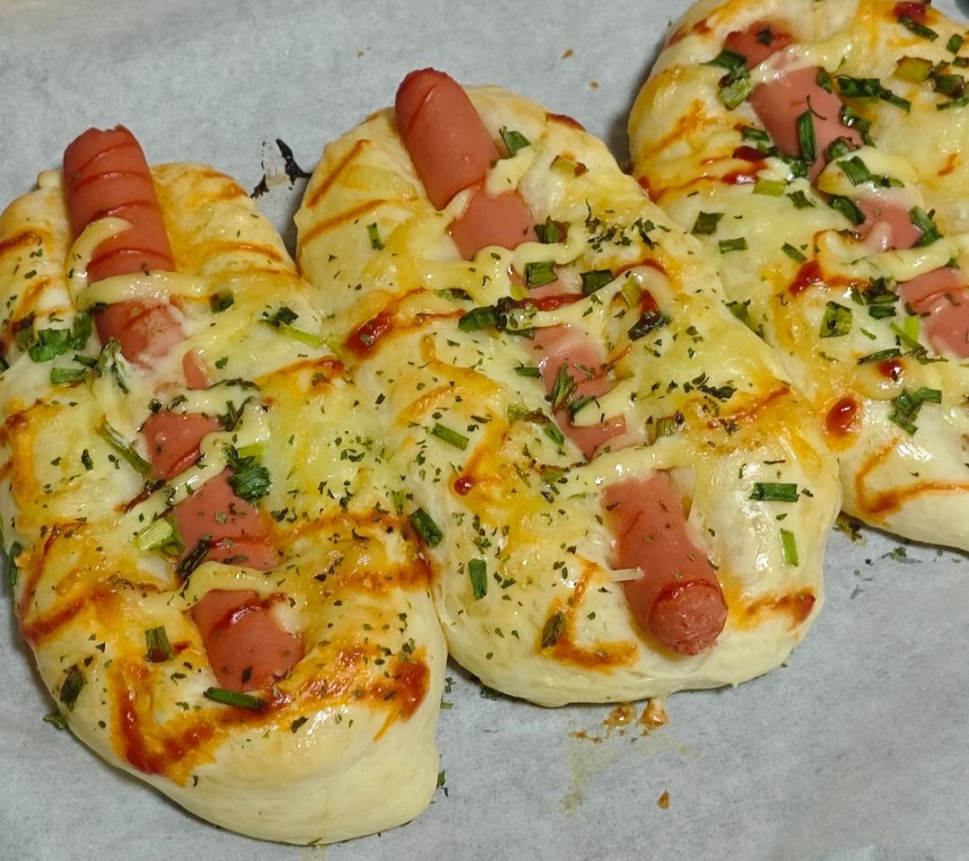 超松软的一发芝士香葱火腿沙拉面包|柔软拉丝|新手友好