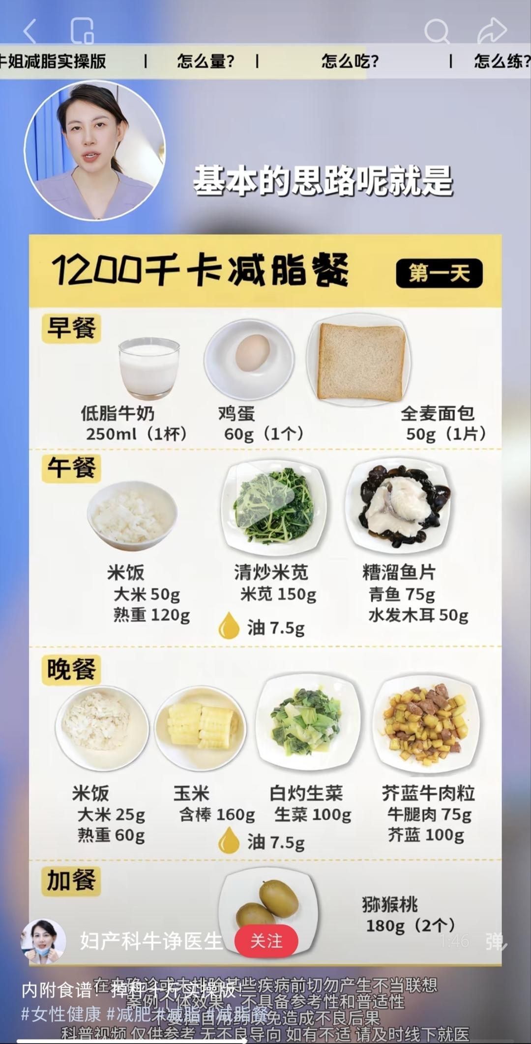 1200kcal七天减肥食谱(牛诤医生)