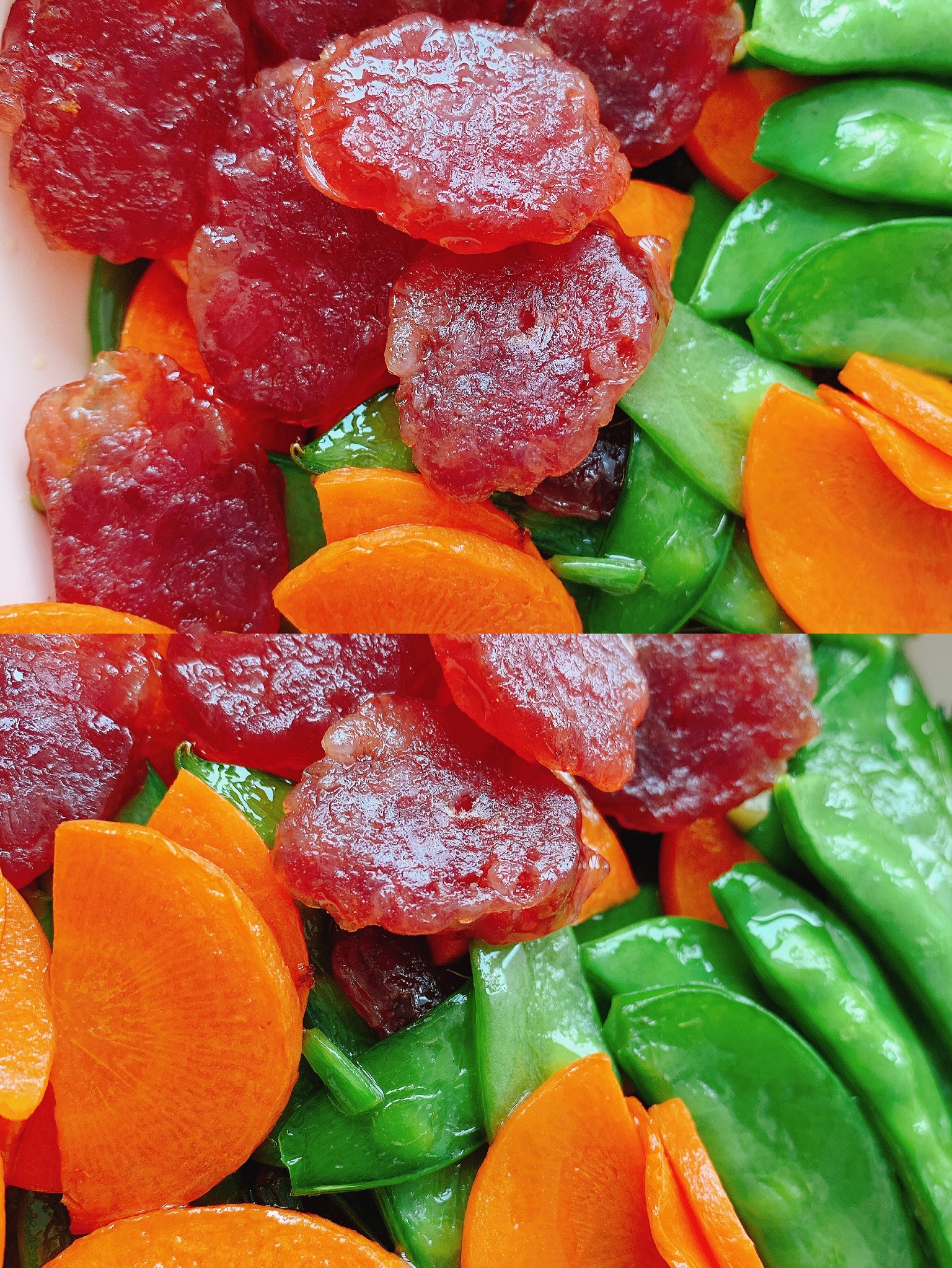 荷兰豆胡萝卜炒腊肠，超级简单易学，红黄绿搭配高颜值！