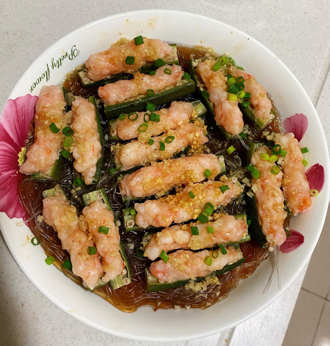 秋葵粉丝蒸虾滑