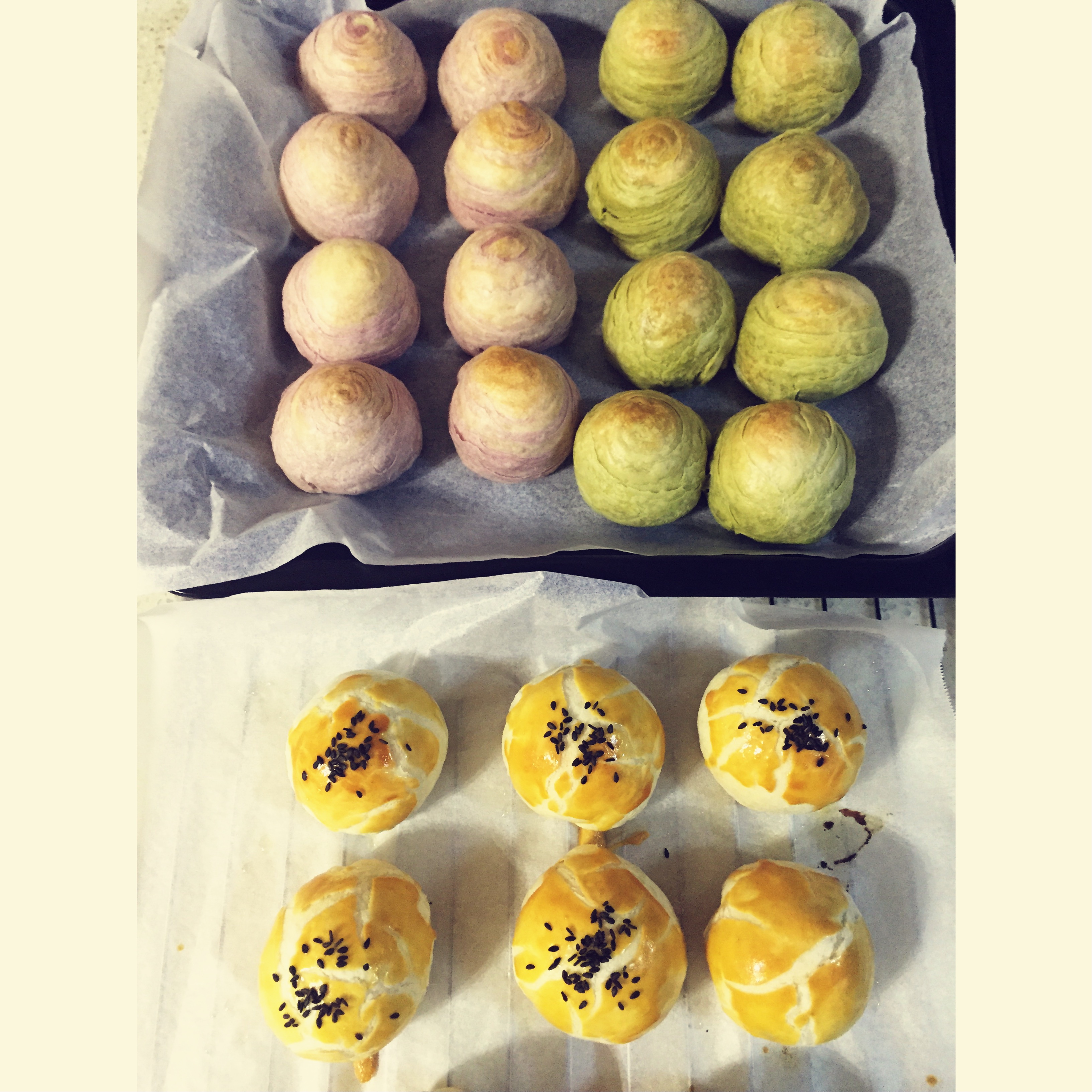 蛋黄酥~紫薯、抹茶、原味~花好月圆，中秋快乐~内附一次做六色蛋黄酥方法~