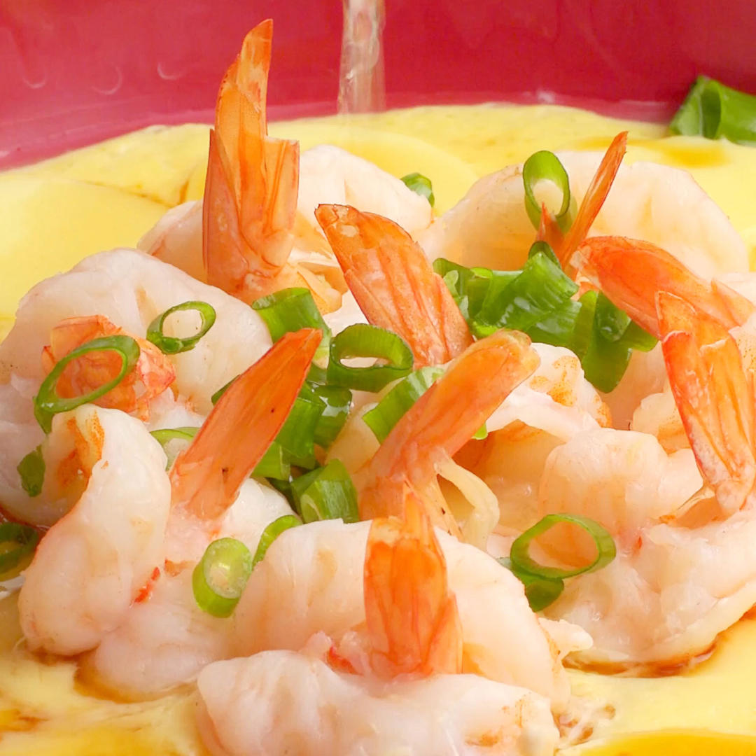 水60g海白虾150g蒸鱼豉油10g植物油10g葱花5g芙蓉蛋羹虾的做法海白虾