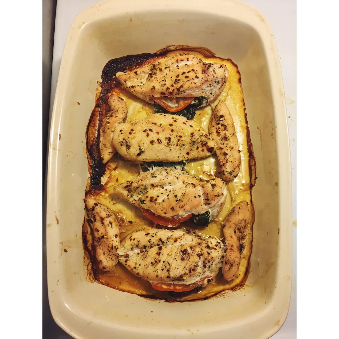 【减脂增肌】菠菜奶酪酿馅烤鸡胸 Spinach&cheese stuffed chicken breast