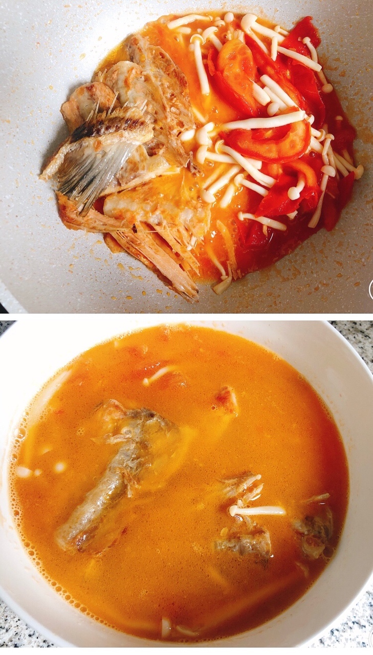 番茄海鲜菇三文鱼排汤，鲜香味美，清淡可口！的做法