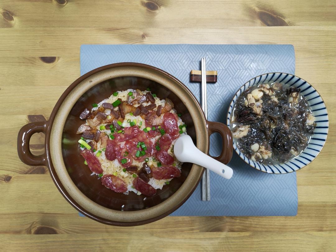 腊味煲仔饭，20分钟饭菜同出