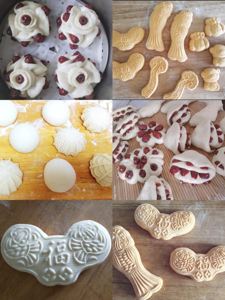 年味儿十足的枣花馍、面鱼、元宝、福字豆沙包