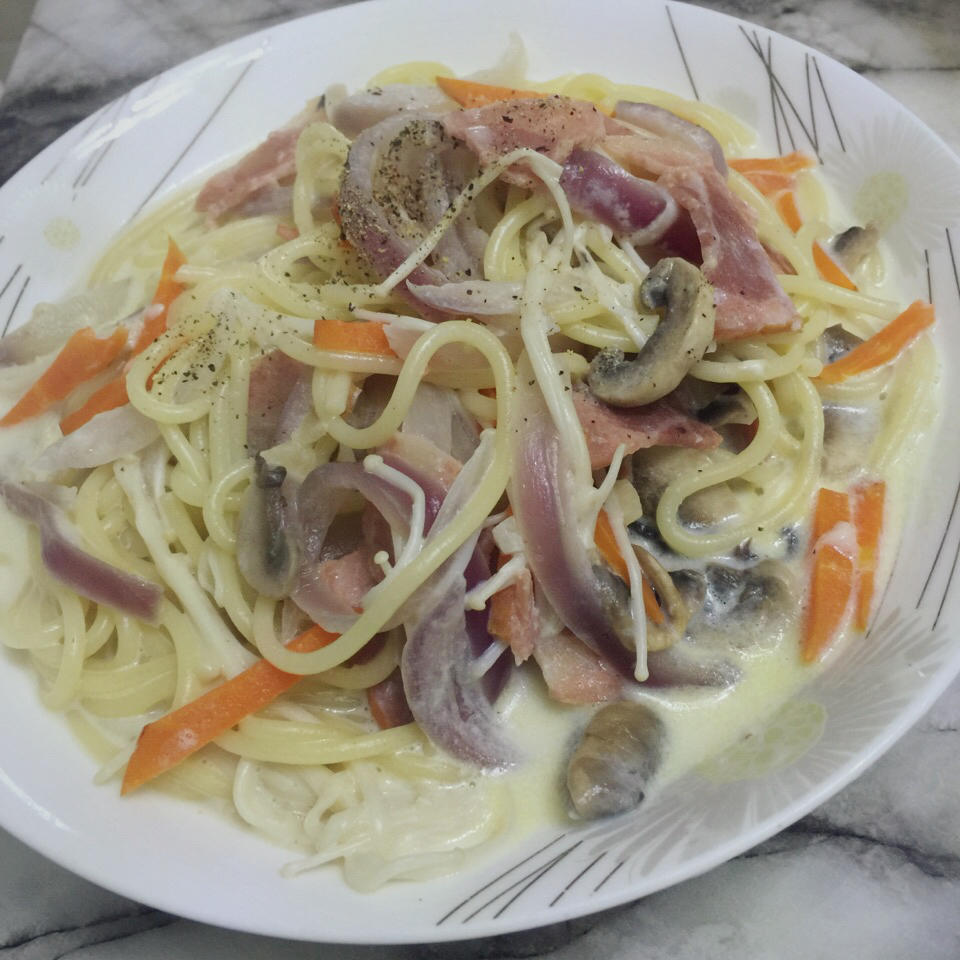 白蘑菇奶油培根意面
