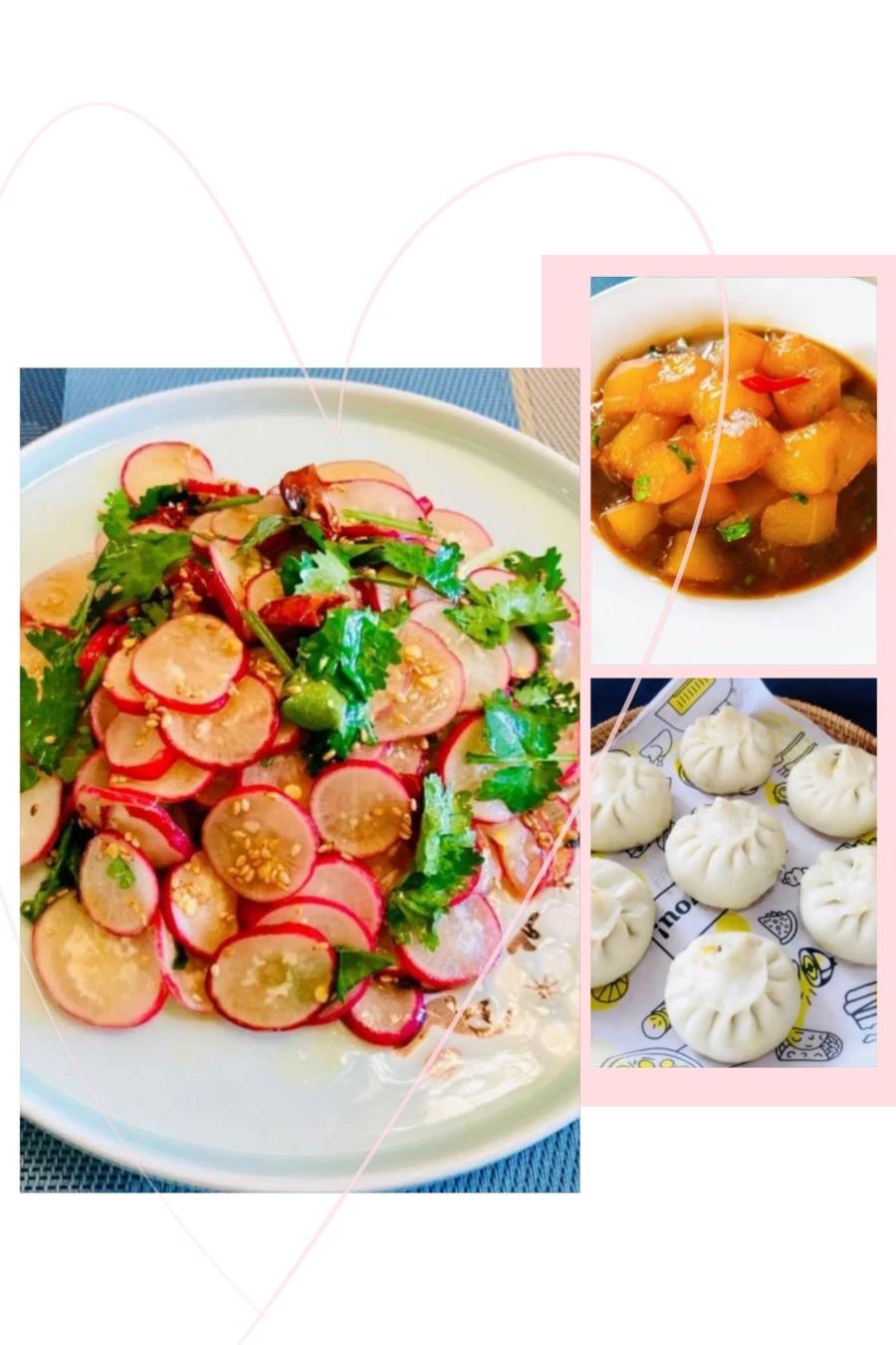 素🉑甘蓝胡萝卜木耳馅包子，凉拌水萝卜，红烧冬瓜