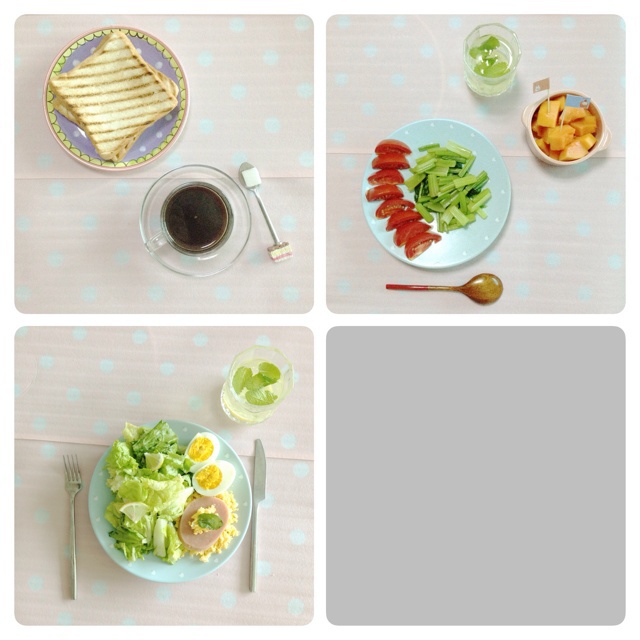 13天减肥法のDay3：清咖面包+火腿鸡蛋生菜+西芹番茄水果