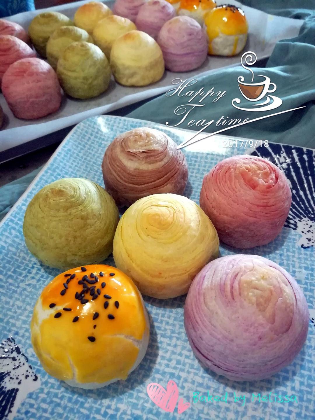 蛋黄酥~紫薯、抹茶、原味~花好月圆，中秋快乐~内附一次做六色蛋黄酥方法~