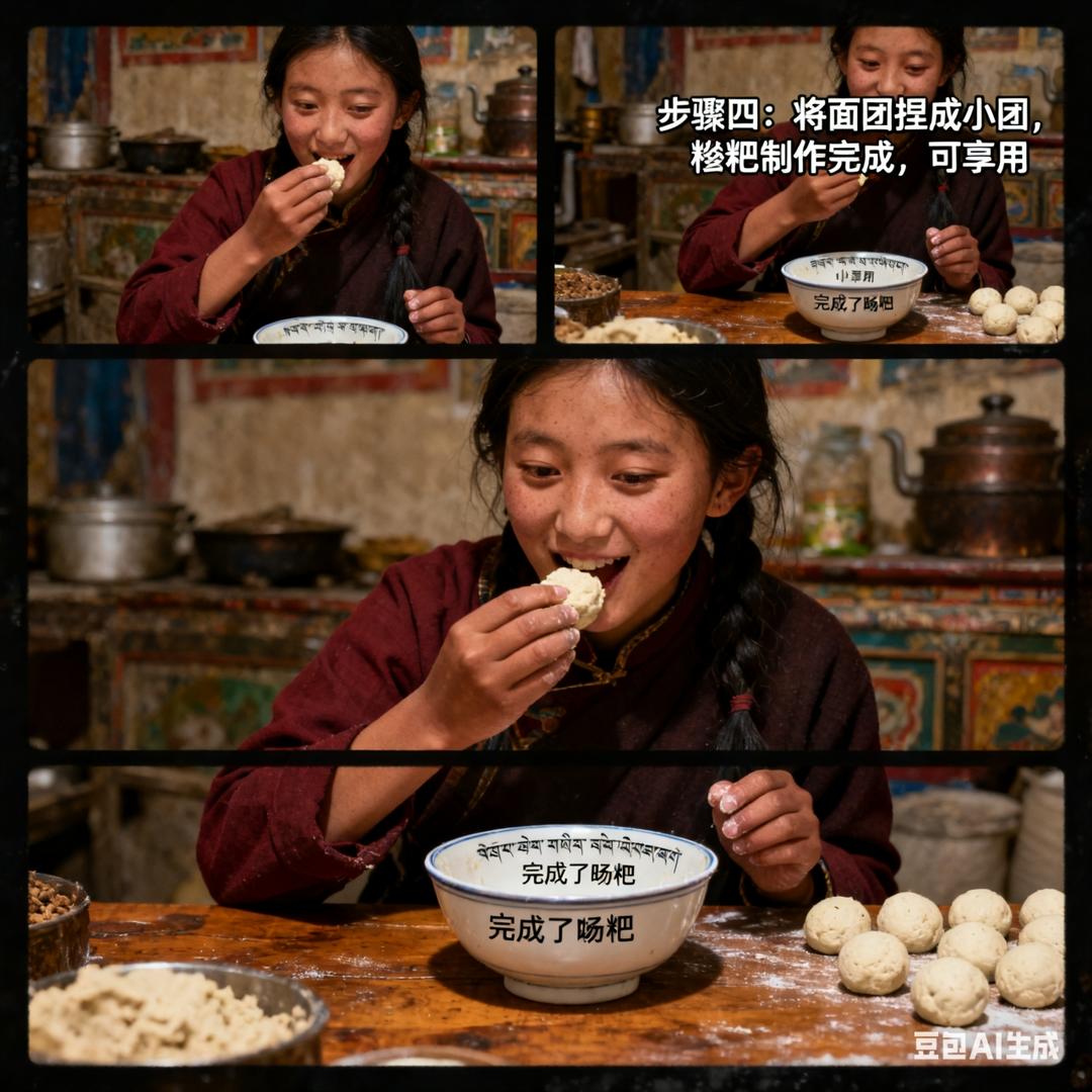 青稞经火炒香，石磨成粉，与酥油茶相拥成团。牧民策马时，它是行囊里的踏实，是风雪中不变的家味。