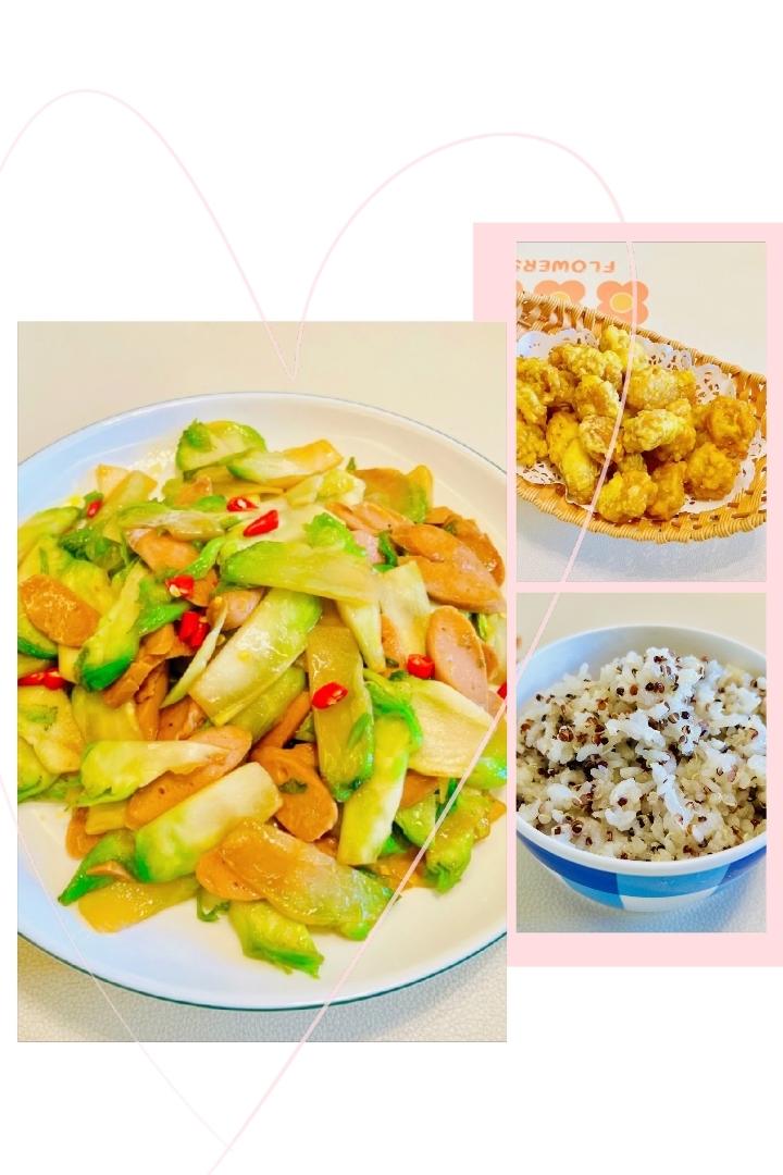 素🉑素火腿肠炒儿菜，香炸小素肉