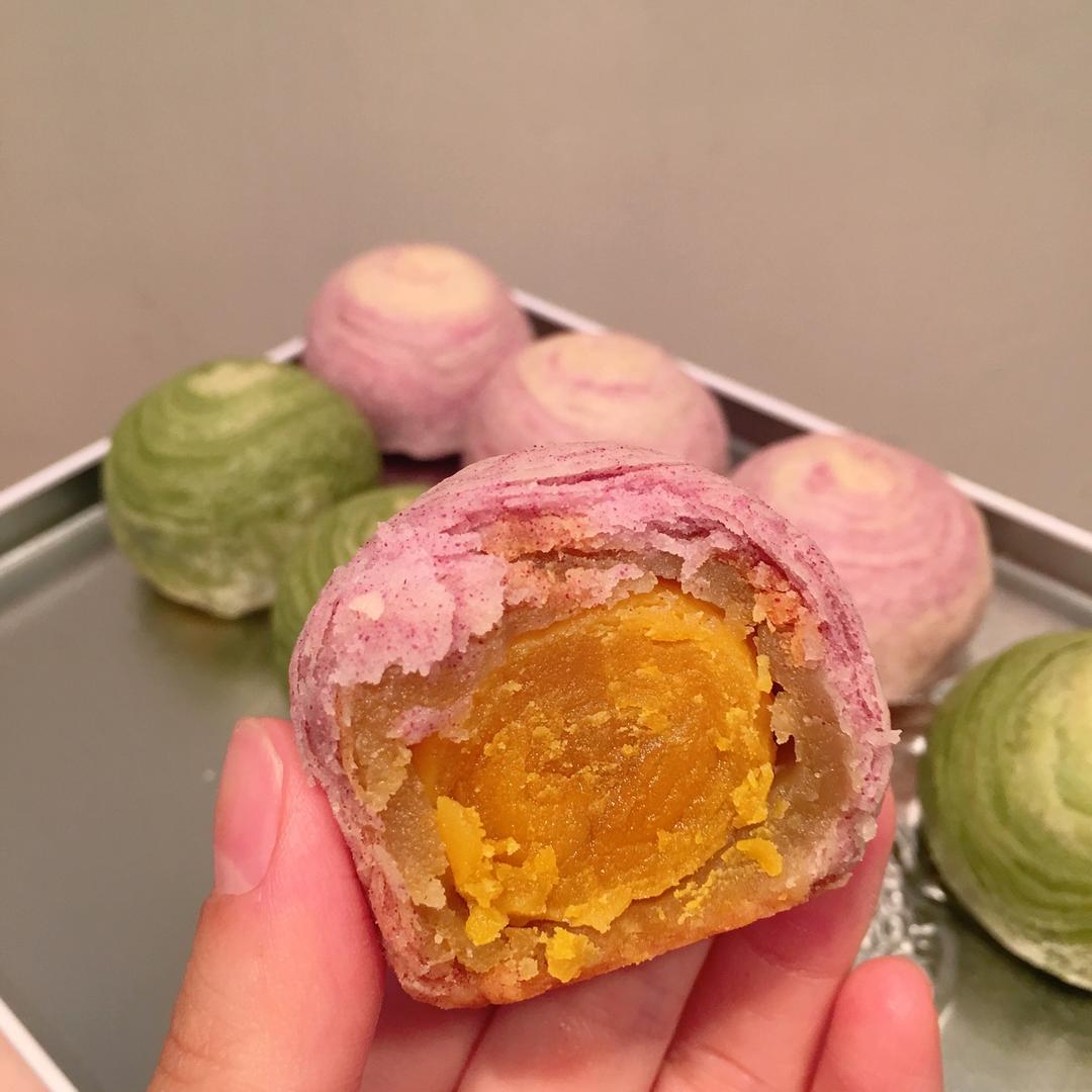 蛋黄酥~紫薯、抹茶、原味~花好月圆，中秋快乐~内附一次做六色蛋黄酥方法~