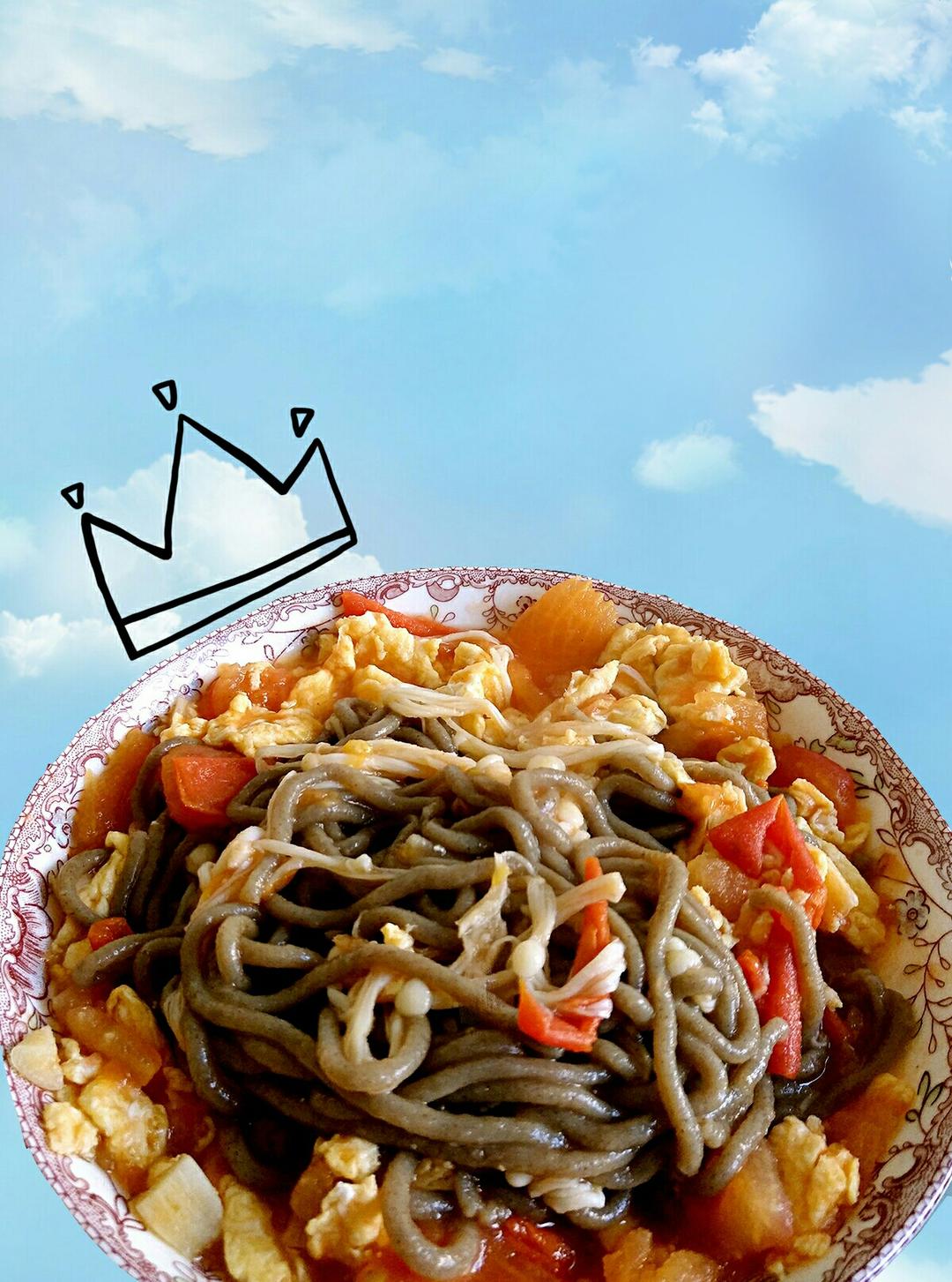 金针菇番茄炒蛋盖浇荞麦面的做法