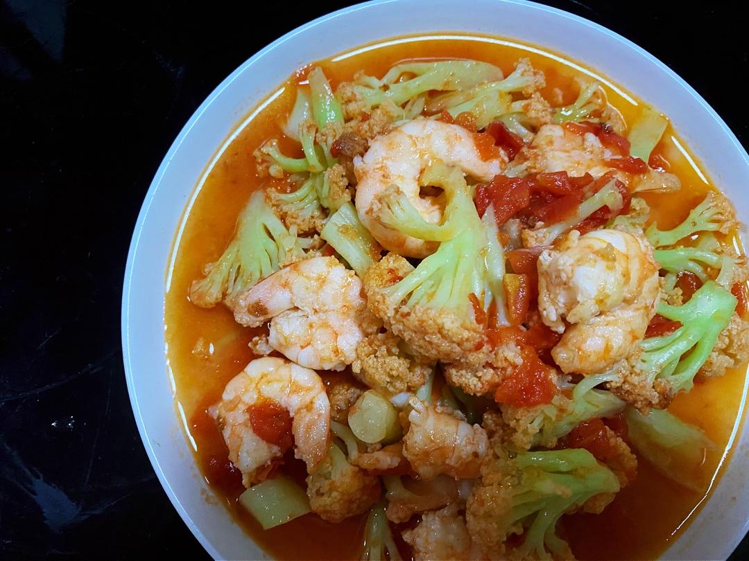 松花菜番茄炒虾仁