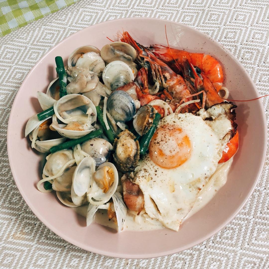 白蘑菇奶油培根意面