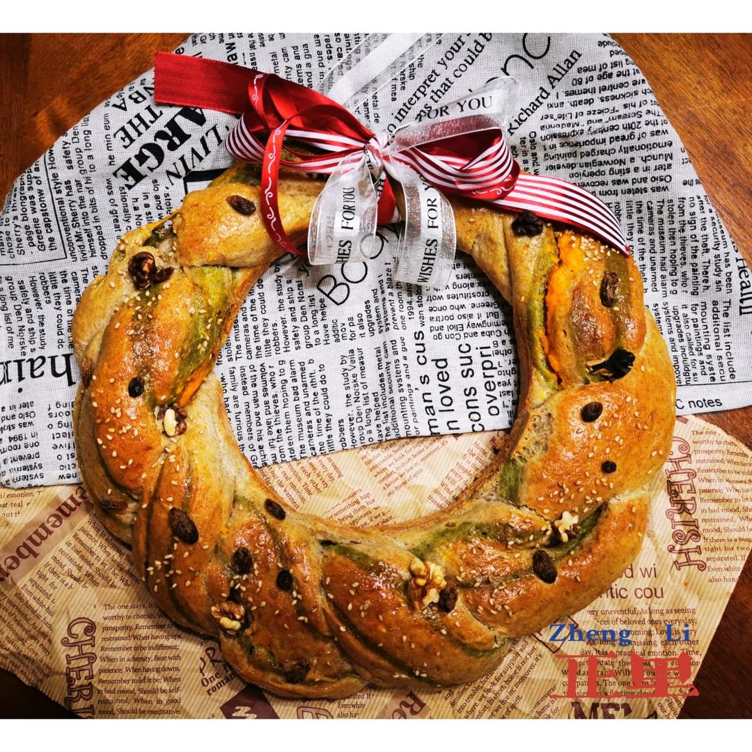 抹茶蔓越莓花环面包