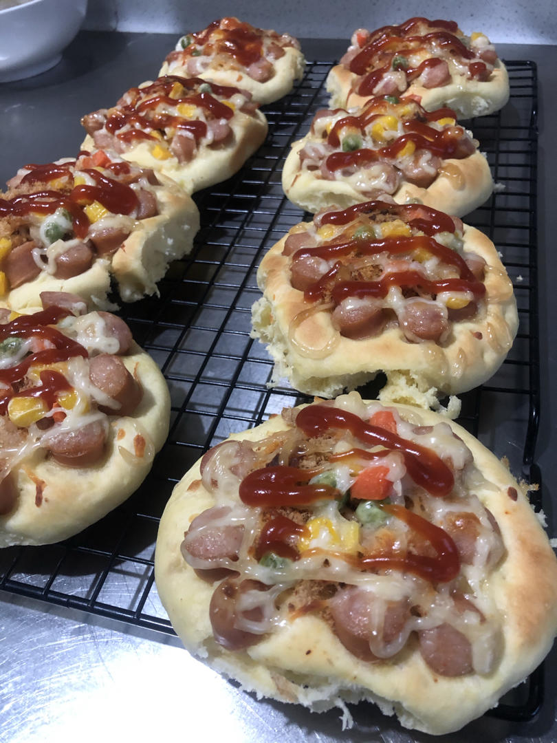 🍕快手简单｜一次发酵｜可可爱爱火腿披萨小面包｜学生早餐