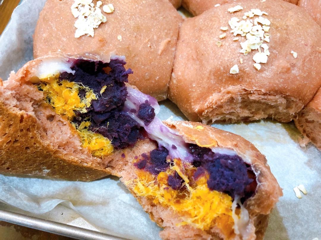 手揉100%减脂全麦欧包（紫薯芋泥麻薯肉松/紫薯芋泥南瓜乳酪）