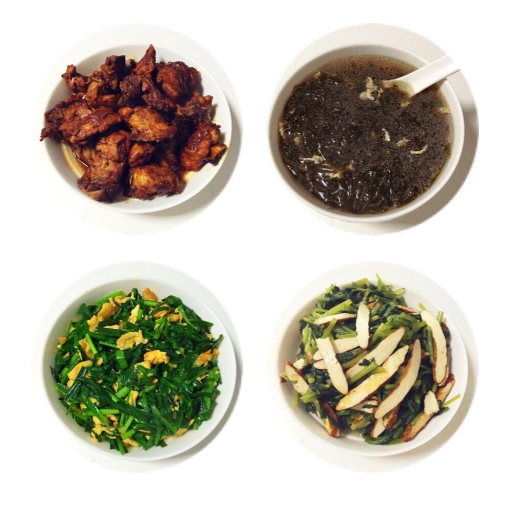 译家三口（红烧排骨、韭菜炒蛋、芹菜香干、紫菜蛋汤）20161002