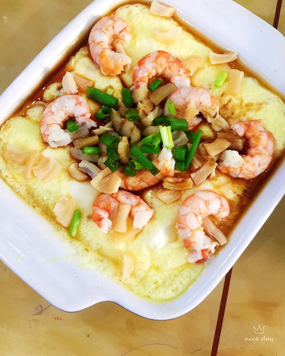 豆腐虾仁干贝蒸鸡蛋羹