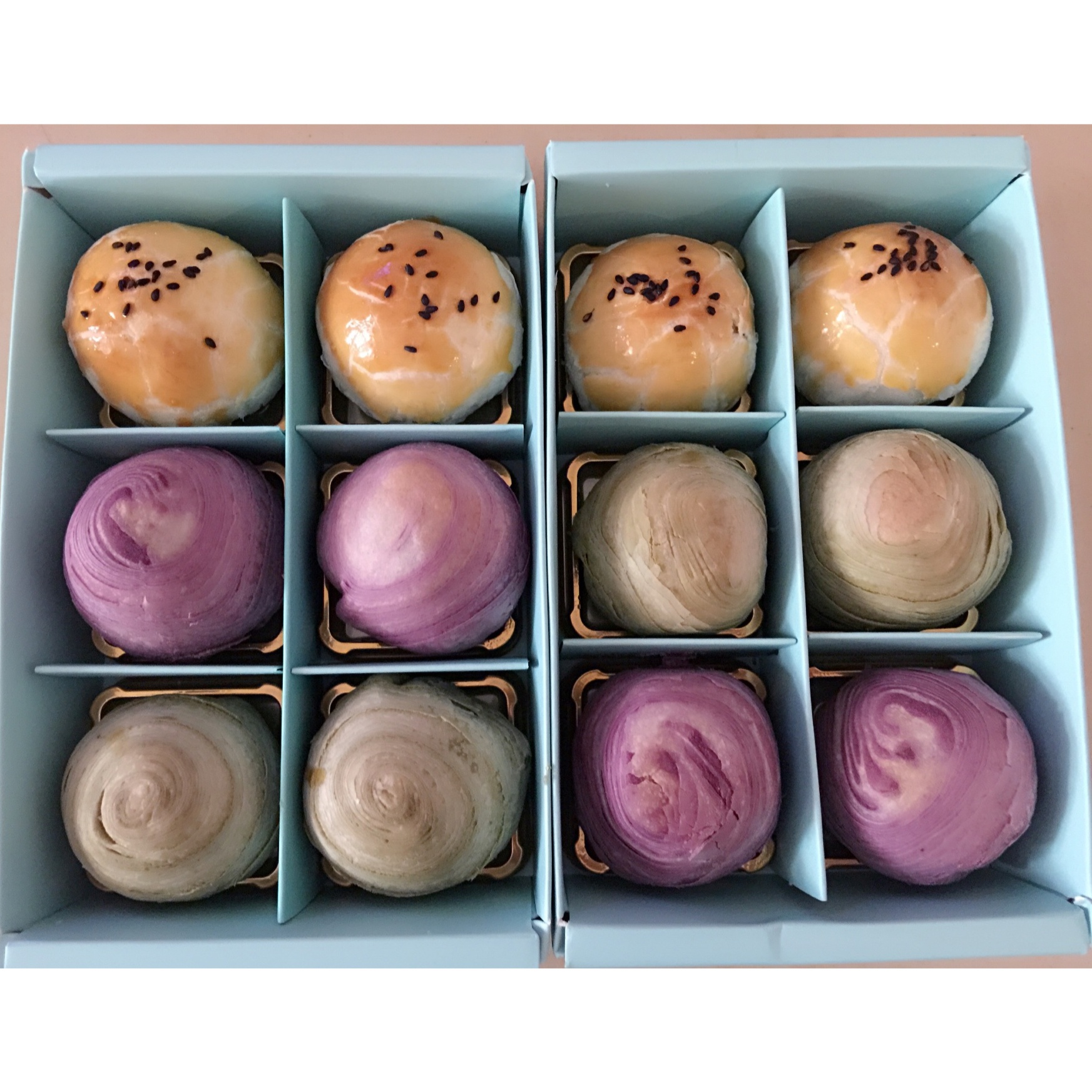 蛋黄酥~紫薯、抹茶、原味~花好月圆，中秋快乐~内附一次做六色蛋黄酥方法~