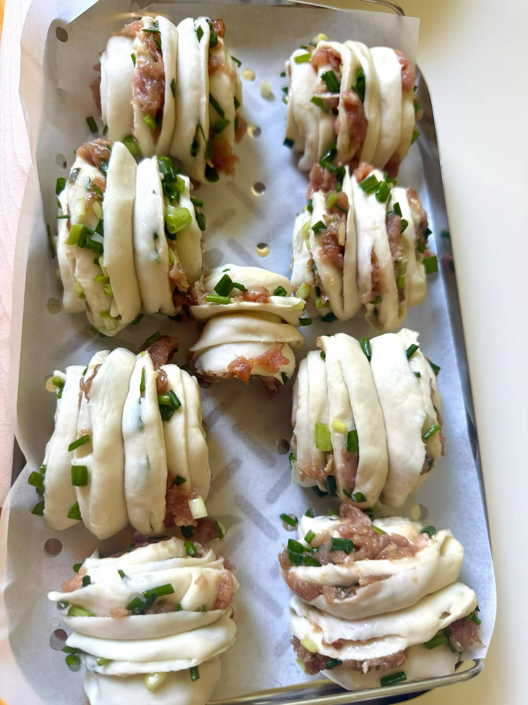 葱花肉肉花卷（一次发酵）