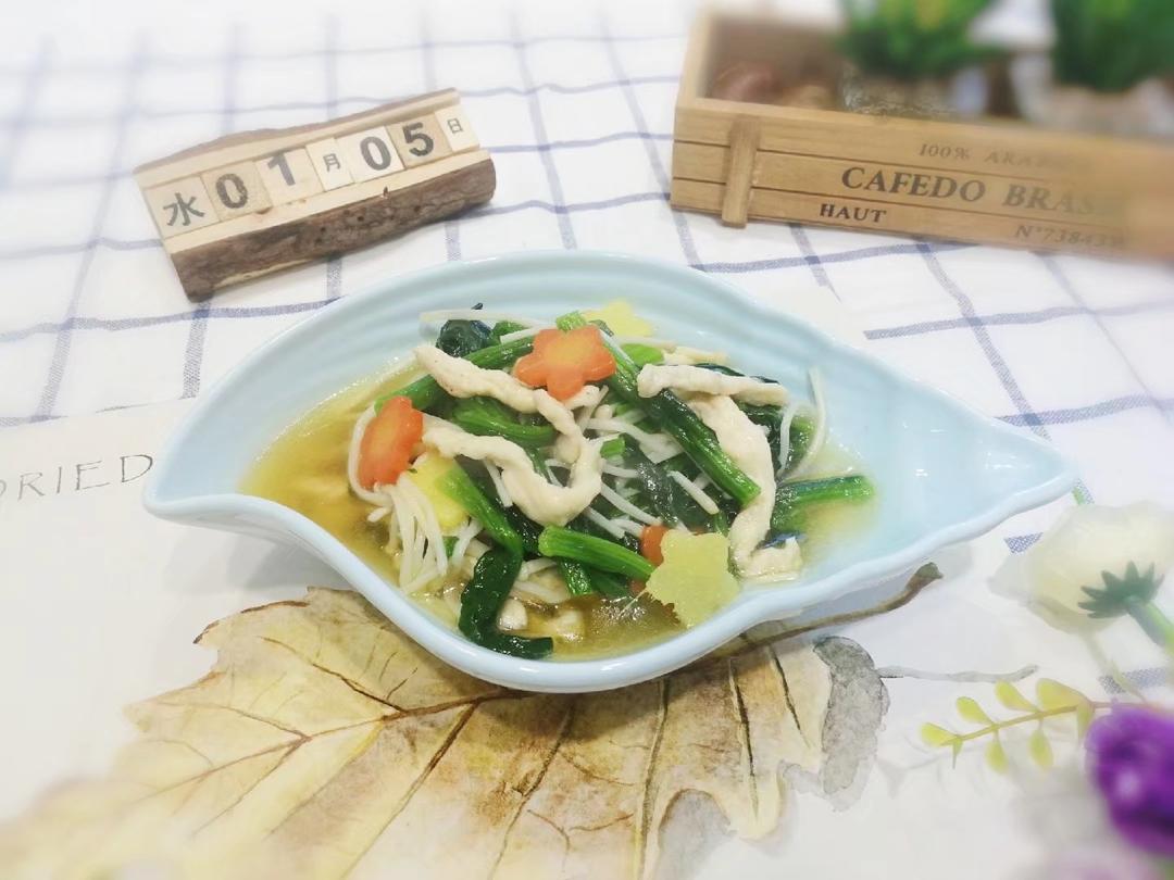 月子餐肉菜菜谱《汤浸菠菜金菇鸡丝》的做法