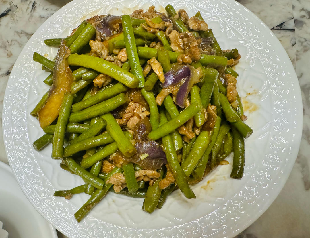 茄子豆角炒肉沫