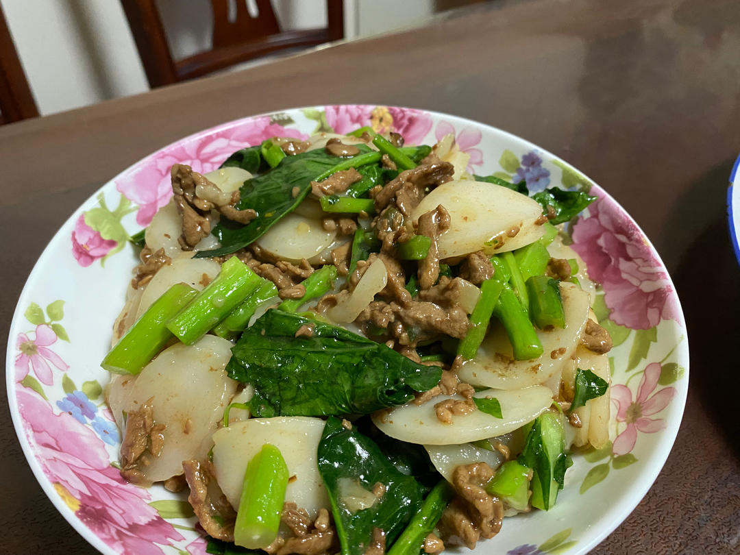 年糕的N种吃法——肉片年糕炒青菜