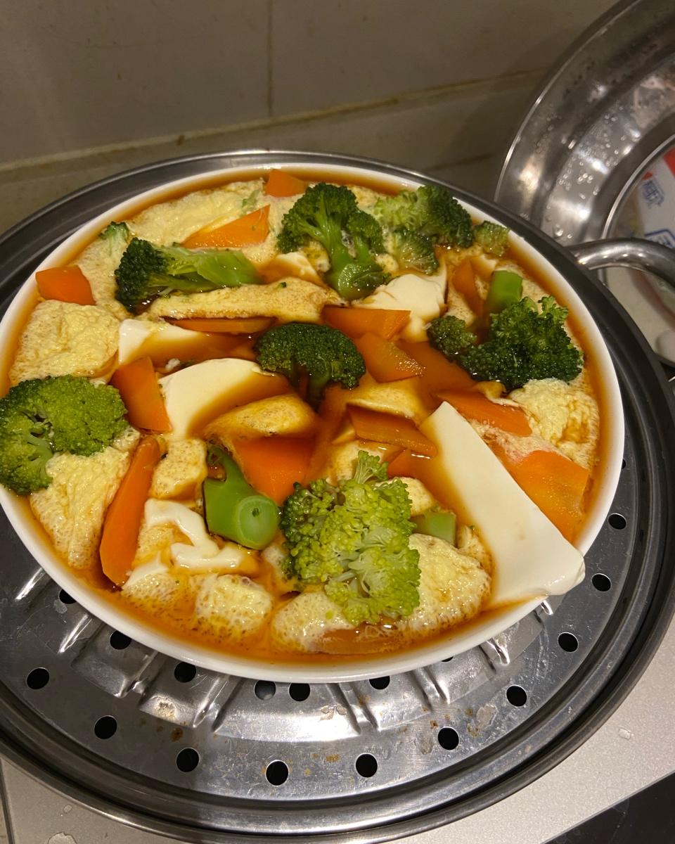 西兰花虾仁内酯豆腐蒸蛋，减脂餐