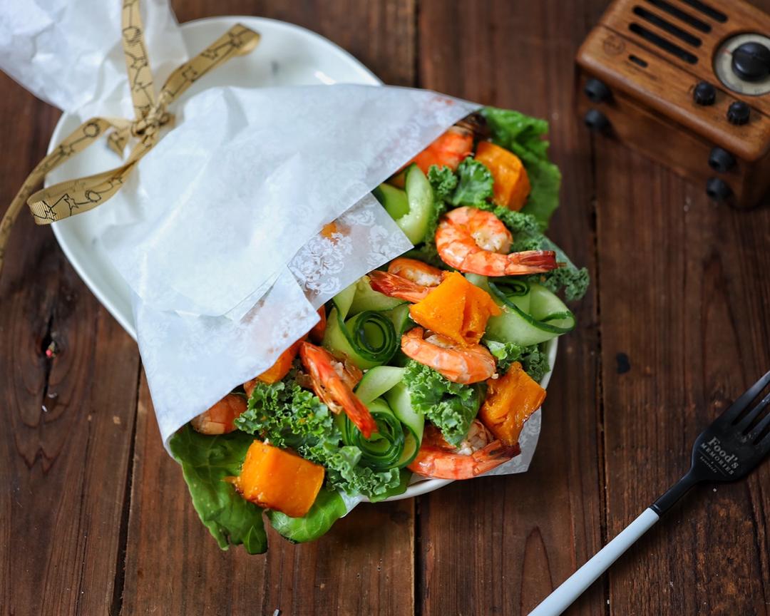 烤大虾南瓜花束沙拉【北鼎烤箱食谱】的做法
