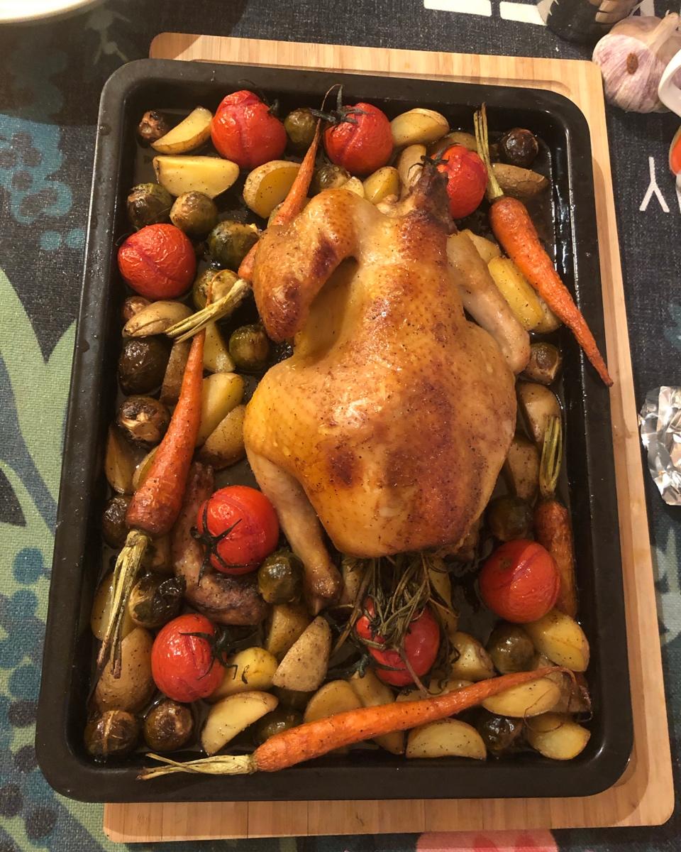 感恩节柠檬百里香烤鸡配蔬菜（圣诞烤鸡通用食谱）