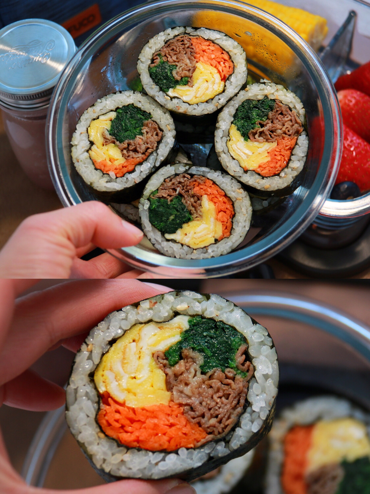 便当🍱—寿司🍣超详细方法 / 牛肉鸡蛋菠菜寿司+烤蔬菜