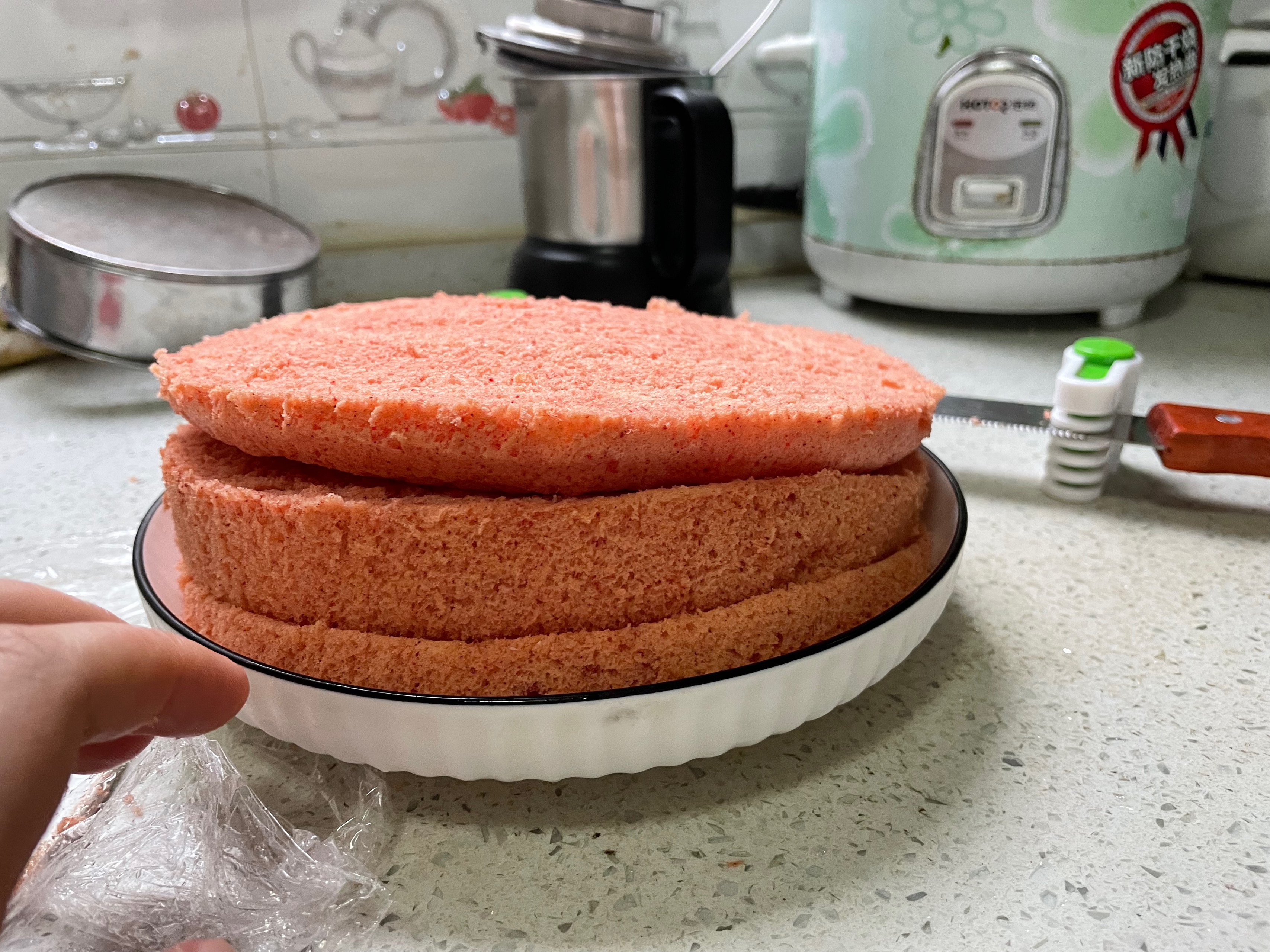 奶油水果蛋糕，蒸蛋糕八寸红曲米粉的做法 步骤4