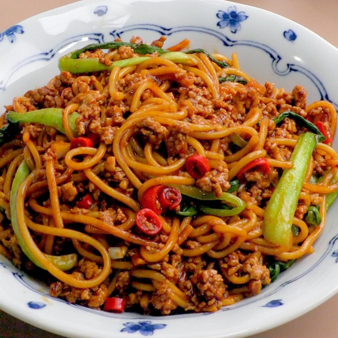 油菜肉末炒面的做法