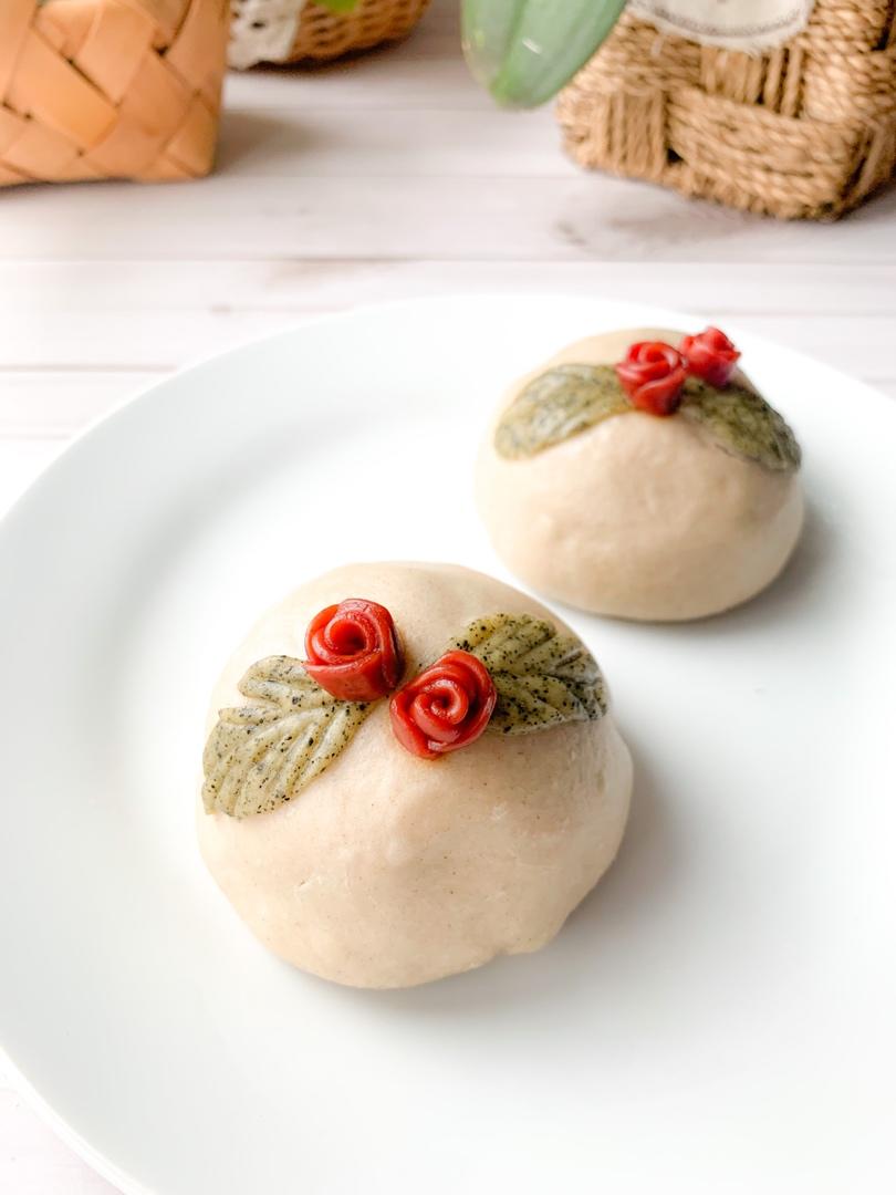 可可爱面团荞麦馒头包子红薯馅花朵馒头