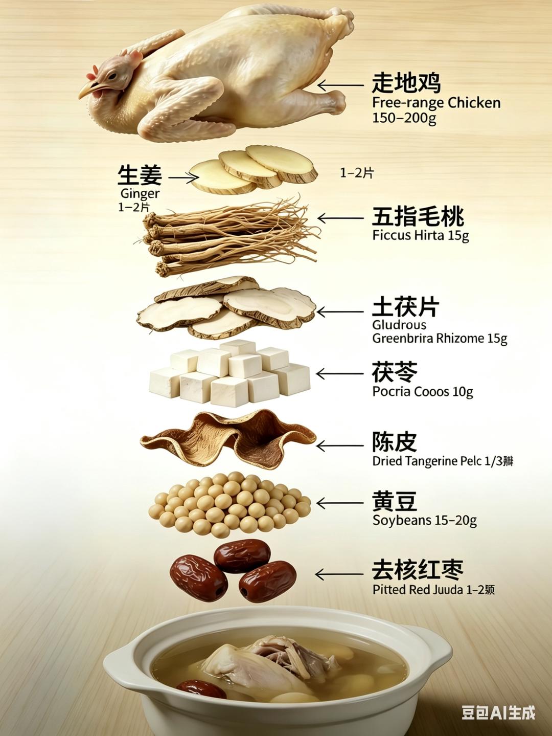 五指毛桃土茯苓茯苓陈皮黄豆红枣鸡汤(1人份广东家常煲汤最终锁死版用量)