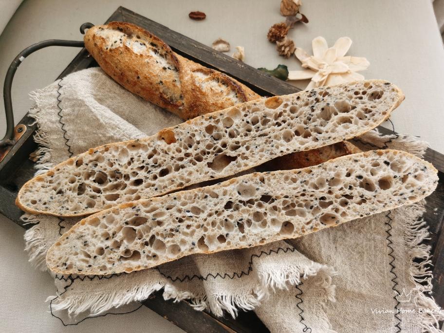 纯鲁邦种隔夜冷藏发酵亚麻籽黑芝麻全麦法棍（练习记录-附家庭烤箱自制蒸汽方法）的做法