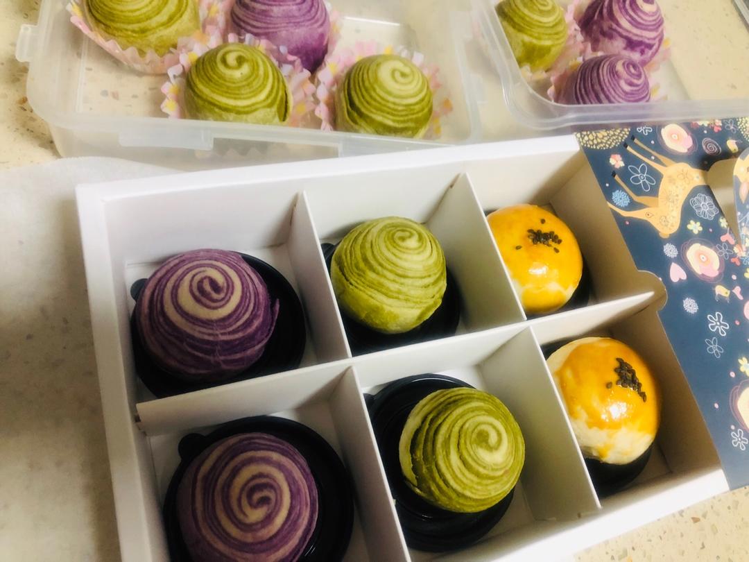 蛋黄酥~紫薯、抹茶、原味~花好月圆，中秋快乐~内附一次做六色蛋黄酥方法~