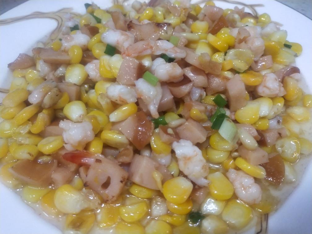 松仁玉米虾仁火腿炒的做法