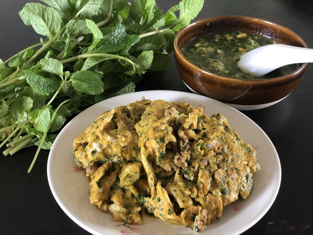 疏风止咳香花菜（薄荷）二食：炒滑蛋+鸡蛋汤的做法