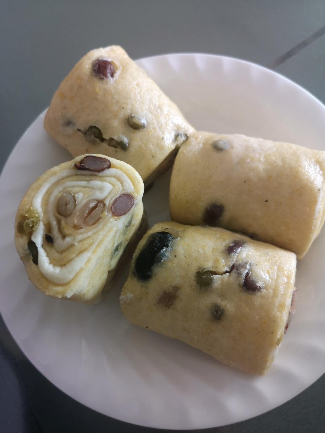 玉米面双色蜜豆馒头卷 蓬松暄软又漂亮  附细节视频