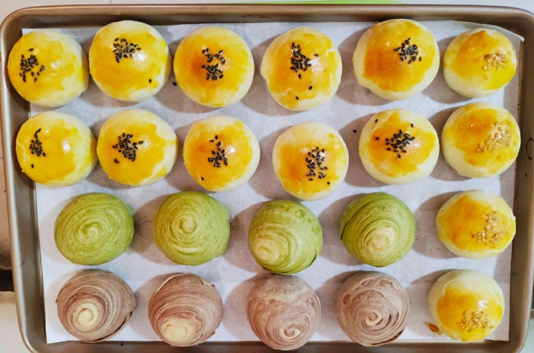 蛋黄酥~紫薯、抹茶、原味~花好月圆，中秋快乐~内附一次做六色蛋黄酥方法~