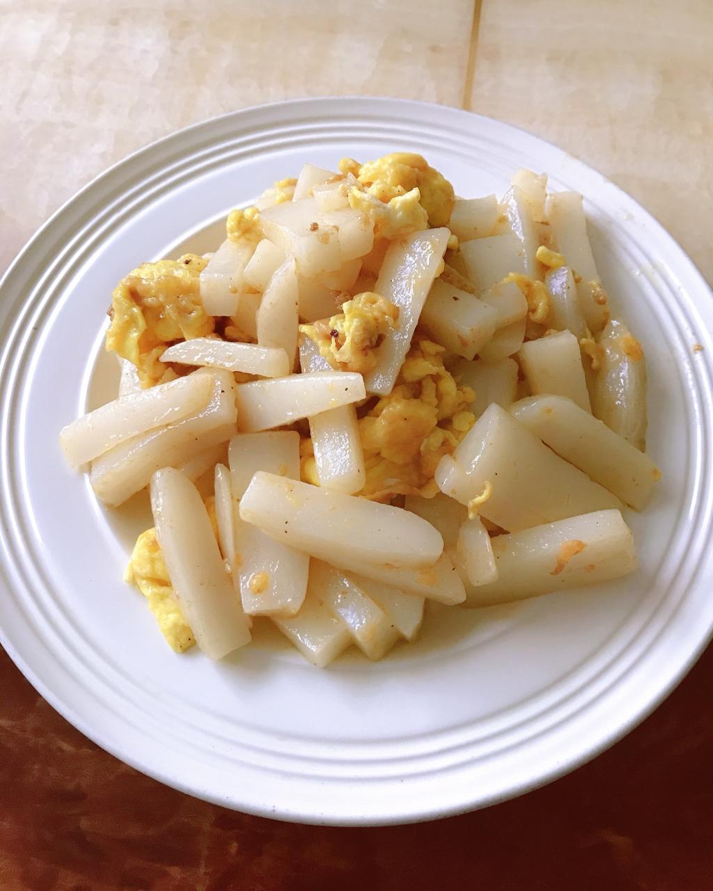 弱爆了做的鸡蛋炒年糕