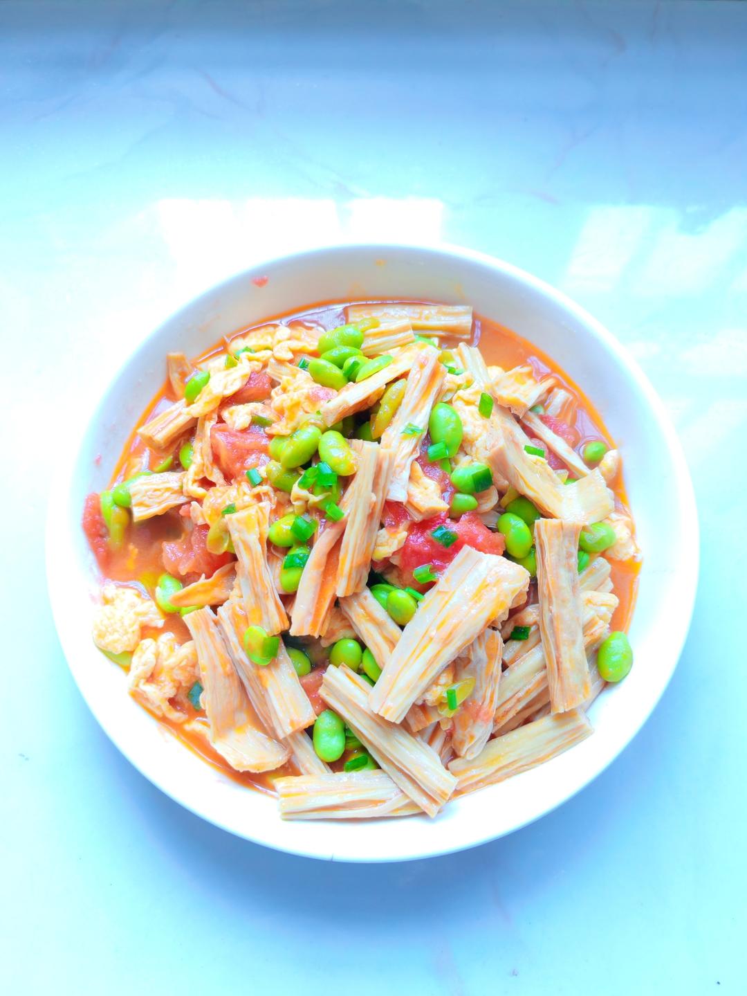 番茄鸡蛋炒腐竹毛豆
