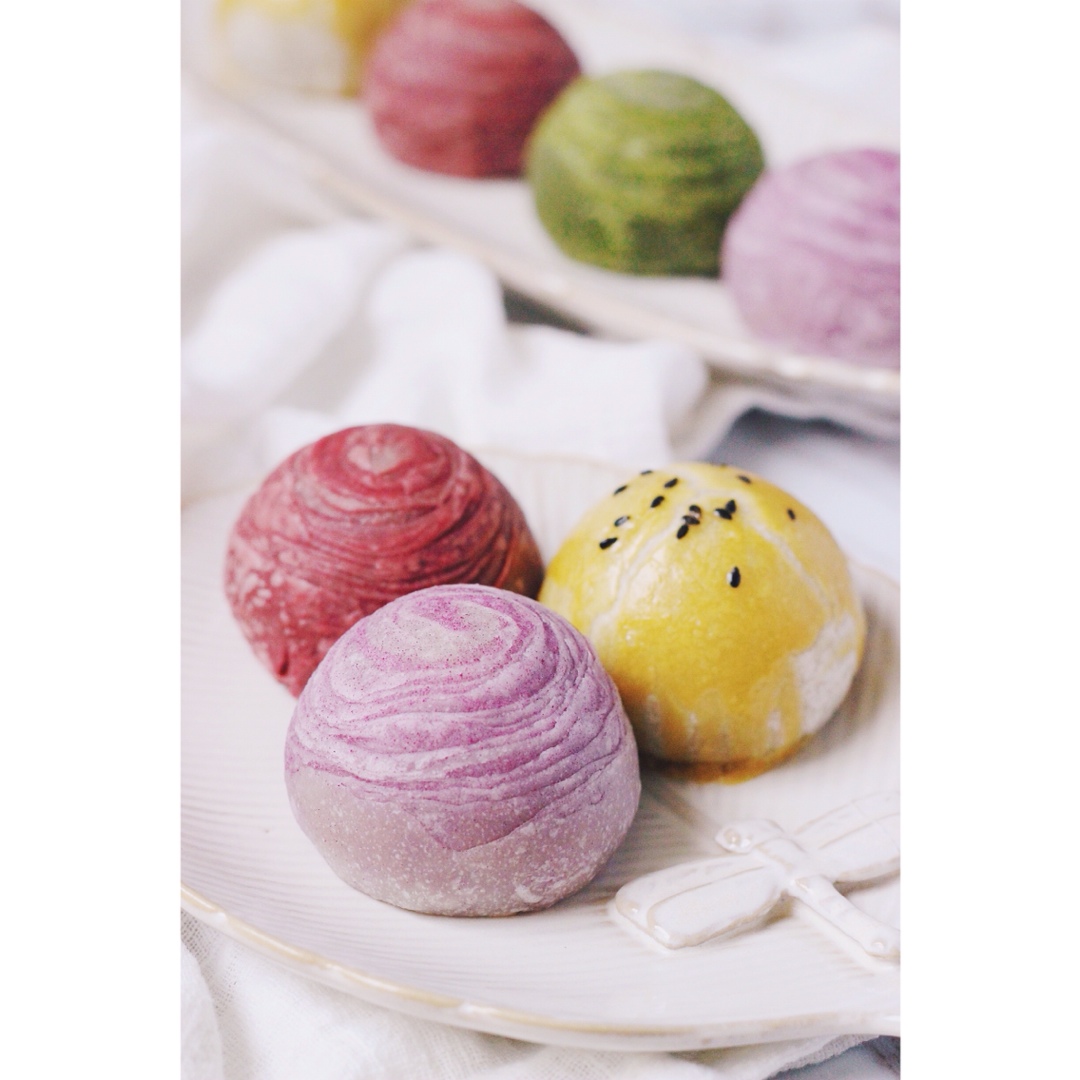 蛋黄酥~紫薯、抹茶、原味~花好月圆，中秋快乐~内附一次做六色蛋黄酥方法~