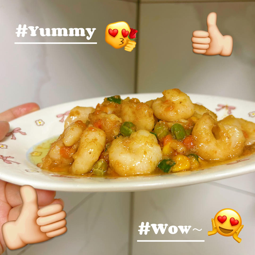 青豆，胡萝卜，玉米炒虾仁。