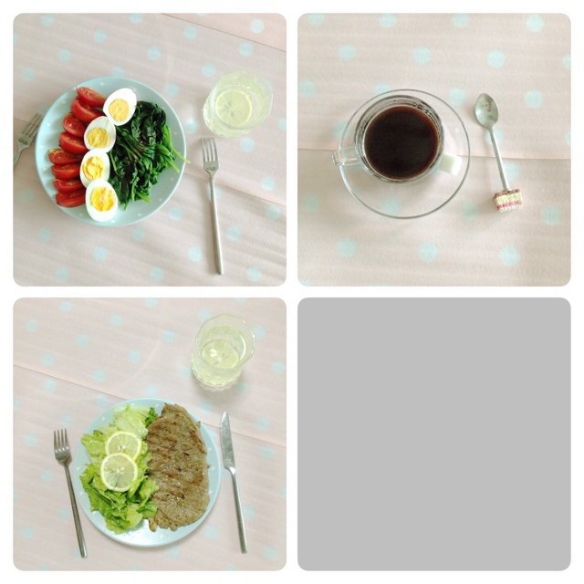 13天减肥法のDay1：清咖+水煮鸡蛋菠菜番茄+牛排生菜沙拉